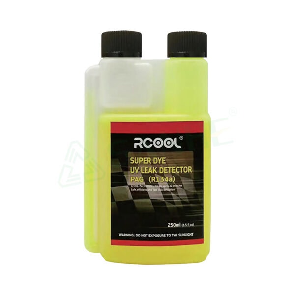 RCOOL Super Dye UV Leak Detector for refrigerant oil with UV dye, 250ml bottle, ideal for detecting leaks in HVAC systems.